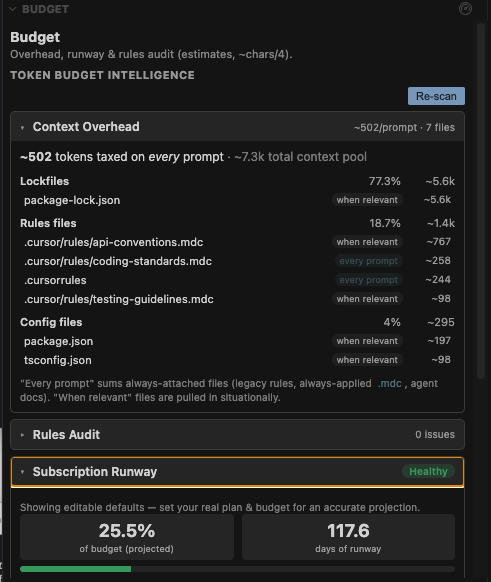RepoScope Budget tab — context overhead per prompt, rules audit, and a Subscription Runway projection showing 25.5% of budget used and 117.6 days of runway