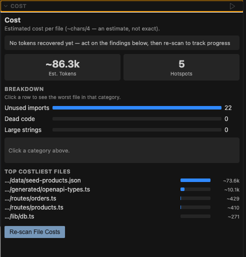 RepoScope Cost tab on the acme-api demo repo — estimated ~86.3k tokens, 5 hotspots, costliest file seed-products.json at ~73.6k, with the Tokens Recovered tracker